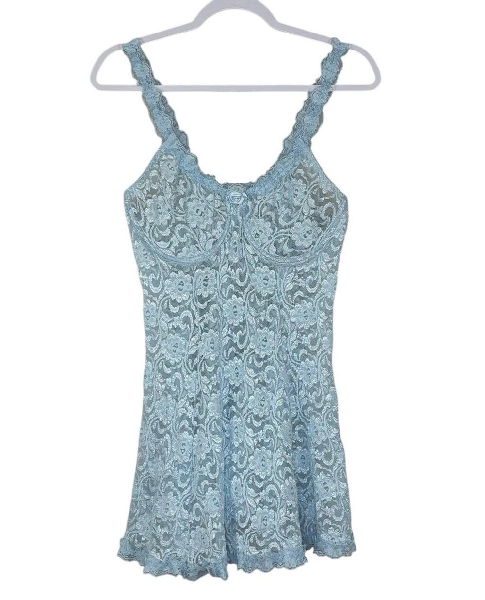 Vtg Women's Lace Babydoll Coquette Fairy Dollete Feminine Slip Dress Blue Sz XL